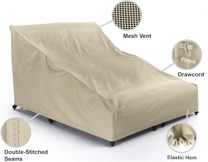 Covermates Elite Double Chaise Lounge Cover – Weather-Resistant Polyester Outdoor Furniture Cover with Mesh Vents, Drawcord Hem, Buckle Straps, UV Protection, Double 66W x 89D x 38H, Khaki