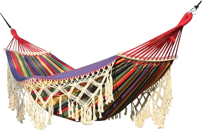Canvas Fabric Hammock Double Portable Camping Hammock Large Cotton Tassel Hammock Bed for 2 Persons Patio Backyard Porch Lawn Garden Indoor Outdoor