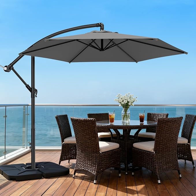 AreShark 10FT Patio Outdoor Umbrella, Offset Patio Umbrella Cantilever Umbrella, 6 Sturdy Ribs, Easy Adjustment for Garden Market Pool with Cross Base (Gray)