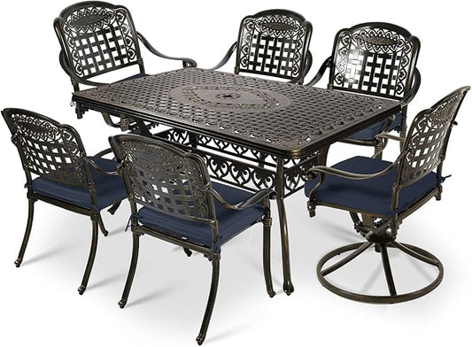 VIVIJASON 7-Piece Patio Furniture Dining Set, Outdoor Cast Aluminum Conversation Set, Include 4 Stationary Chairs, 2 Swivel Dining Chairs and a Rectangle Table with 2" Umbrella Hole, Navy Blue Cushion