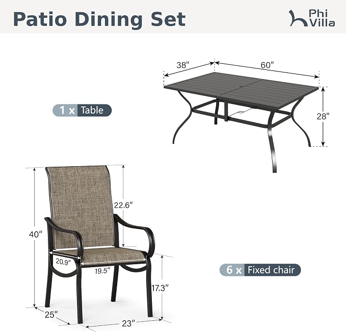 PHI VILLA 7 Pcs Outdoor Dining Set for 6, Mesh Patio Chairs & Metal Table | 60'' metal rectangular table with umbrella hole and 6 breathable textilene patio chairs, designed for deck, backyard, garden