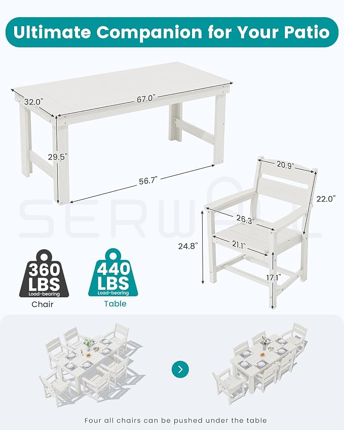 SERWALL HDPE Outdoor Dining Table and Chairs Set for 6 | with Oversized Chair Seat
