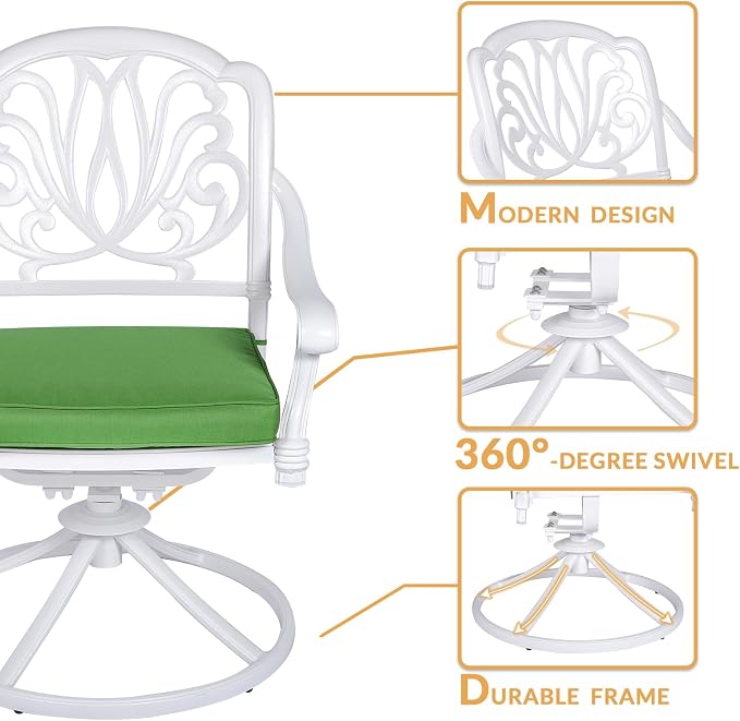 7-Piece Outdoor Patio Dining Set, 60” Rectangular Cast Aluminum Dining Table with Umbrella Hole and 4 Stationary, 2 Swivel Rocker Chairs, 6 Cushioned, Backyard, Patio, Garden, White