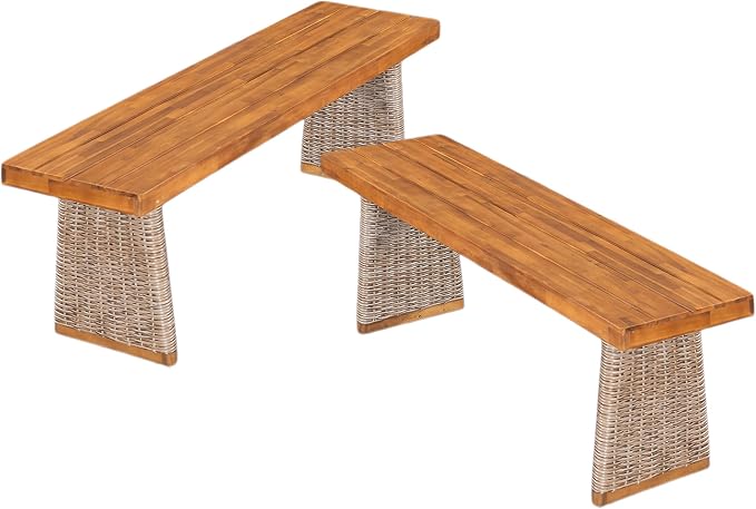 Christopher Knight Home Xavi Patio Acacia Wood Dining Set, Outdoor Side Table and Chairs Set with Slatted Panel Design and Handwoven Rattan Legs, Outdoor Furniture Set for Garden, 3 pcs, Brown + Teak