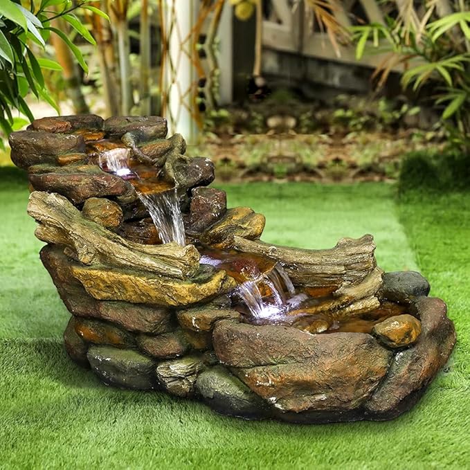 SunJet Cascading Outdoor Rock Water Fountain with LED Lights - 39" L x 15" W x 19" H Creek Waterfall Feature for Home Garden, Yard, Patio, Deck Decor - Soothing Tranquility Floor-Standing Fountains