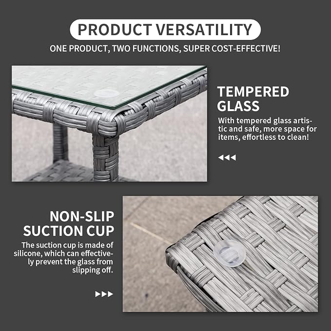 Outdoor PE Wicker Side Table - Patio Rattan Garden Coffee End Square Table with Glass Top-2-layer Table Furniture, Grey