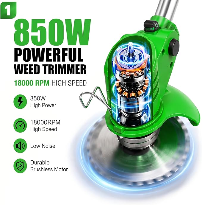 Cordless Weed Wacker with 2 Batteries, Lightweight 21V Weed Trimmer with Wheels, Electric Grass Trimmer, Adjustable Shaft Lawn Tool for Small Yard Tight Spaces