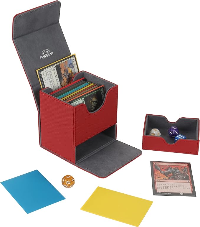 AEGIS GUARDIAN Card Deck Box with Dice Tray for MTG Cards, Commander Deck Box fit 150+ Sleeved Cards, PU Leather Card Storage Box Strong Magnet Deck Game Case for TCG CCG, Red