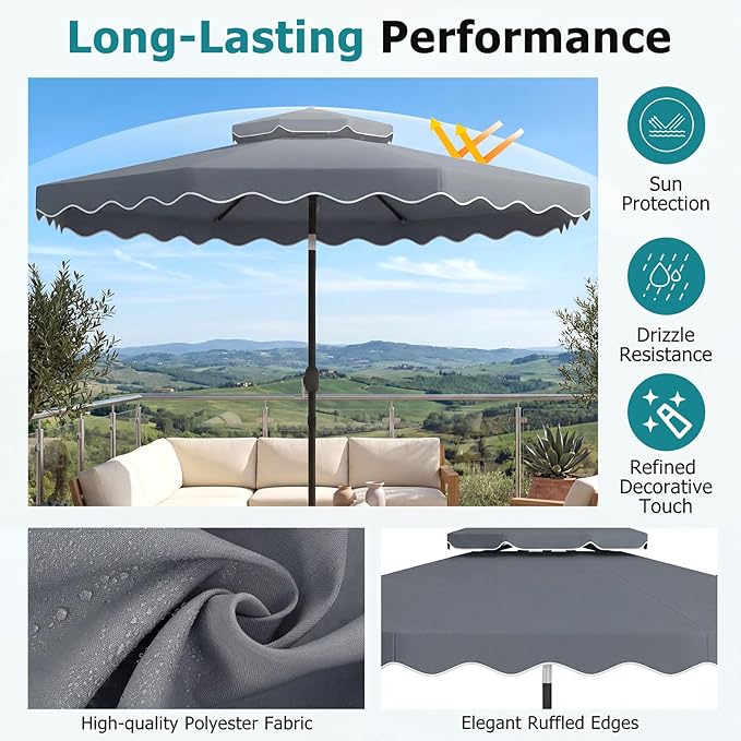 Happygrill 10 FT Patio Umbrella, Scalloped Outdoor Table Market Umbrella with Push Button Tilt & Crank, 2-Tier Vented Top, Heavy-Duty 8 Metal Ribs, Sun-Protective Canopy, Ruffle for Deck Pool Garden (Gray)