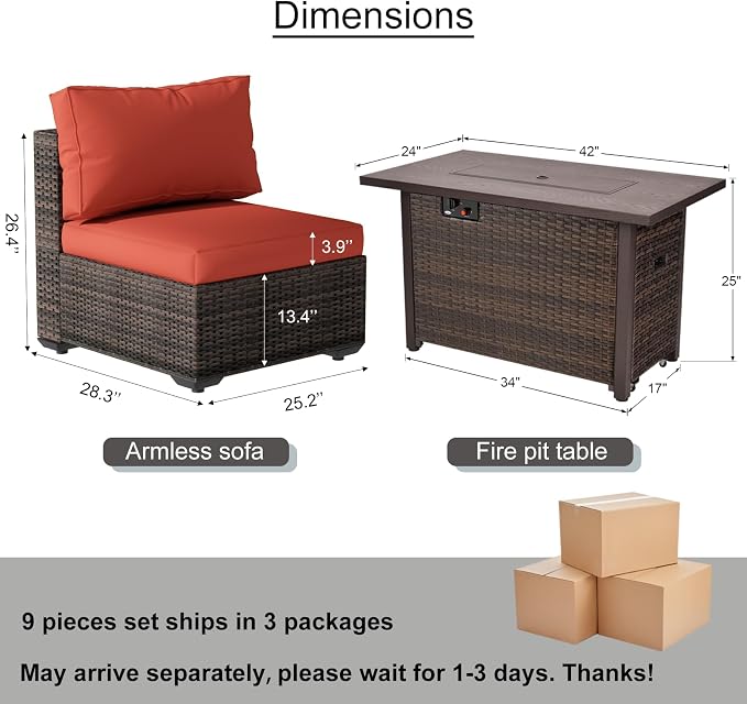 9 Piece Patio Furniture Set with 42" Fire Pit Table, Outdoor Wicker Rattan Sectional Sofa Set, Patio Conversation Set with Thickened Cushions, Red