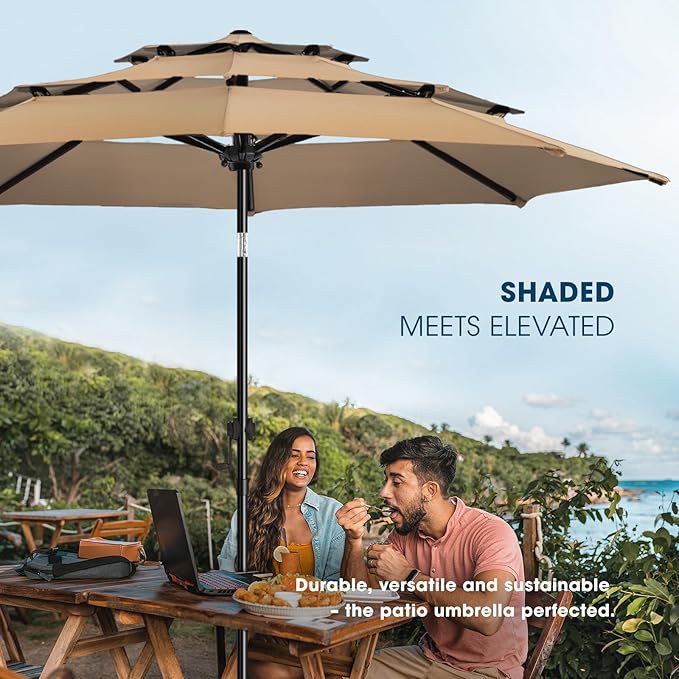wikiwiki 10ft 3-Tier Patio Umbrella Outdoor Table Market Umbrella for Patio with Push Button Tilt/Crank, Fade Resistant Waterproof POLYESTER Canopy for Garden, Lawn, Deck, Backyard & Pool, Tan