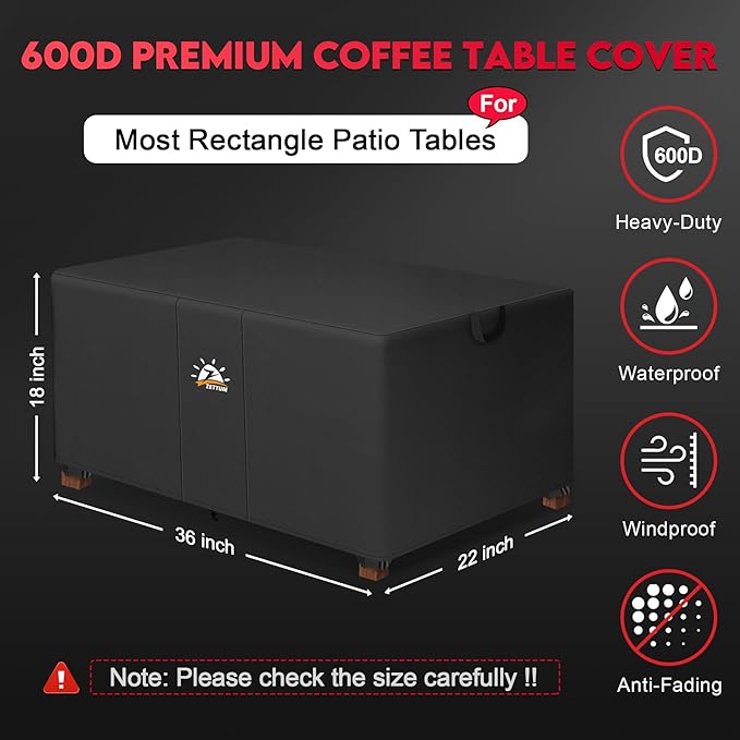 Zettum Outdoor Coffee Table Cover – Coffee Table Cover Rectangle Waterproof & Heavy Duty, Patio Table Covers for Side Tables, 600D Table Covers Provide All-Weather Protection - 36 x 22 x 18 Inch