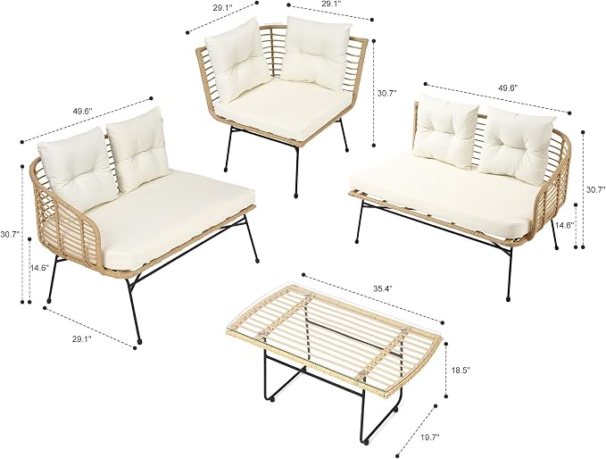 5-Piece Patio Sofa Set with Navy Blue Cushions – Modular Grey PE Rattan All-Weather Wicker Outdoor Furniture Featuring Glass Coffee Table & Anti-Slip Design, Ideal for Garden, Porch or Balcony