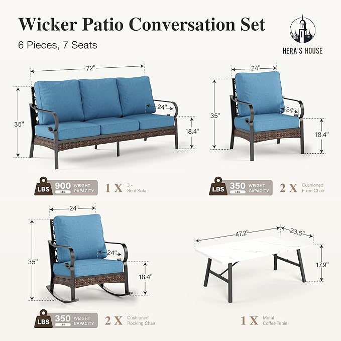 HERA'S HOUSE 6 Piece Metal Patio Furniture Set, All Weather Outdoor Conversation Set with 3-Seat Sofa, 2 Rocking Chairs, 2 Fixed Chairs & Coffee Table, 7 Seats for Backyard, Garden, Deck, Navy Blue
