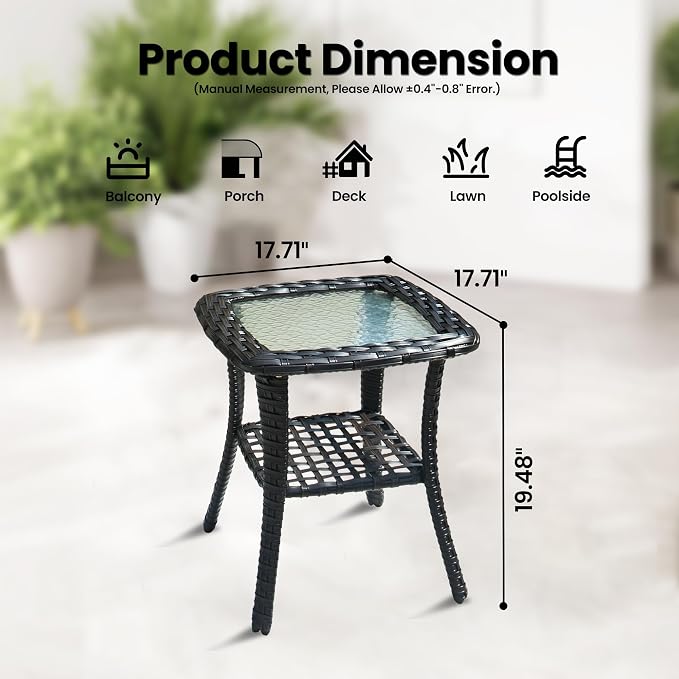 ovios Outdoor Side Table with Tempered Glass Top, Patio Wicker Rattan Bistro Coffee Tables with 2 Tiers Storage for Porch Deck Balcony Garden Poolside, Brown