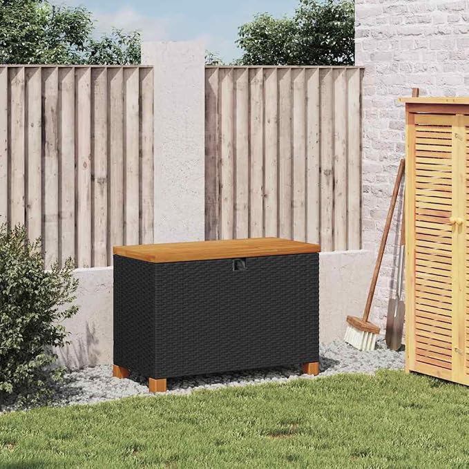 Garden Storage Box Black and Brown,Modern Garden Storage Box with Gas Spring Lid Durable Poly Rattan & Acacia Wood Construction for Indoors/Outdoors Storage Boxes