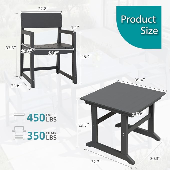 Shintenchi 5 Pieces Outdoor Dining Set,HDPE Outdoor Table and Chairs Set for 4,All Weather Patio Furniture Sets,Modern Wooden Textured Dining Sets for Backyard,Garden,Dark Grey