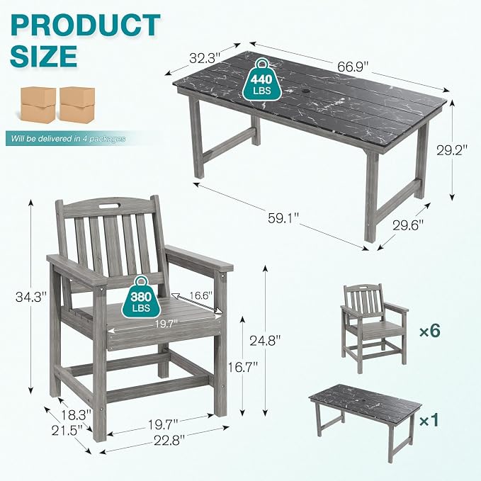 Mdeam 7-Piece HIPS Outdoor Dining Set, 66.9" Marble Texture Patio Table with Umbrella Hole, 440LBS Capacity, 6 Wider Chairs,Dining Table Set for 6, Outdoor Furniture with Galvanized Steel Frame, Grey