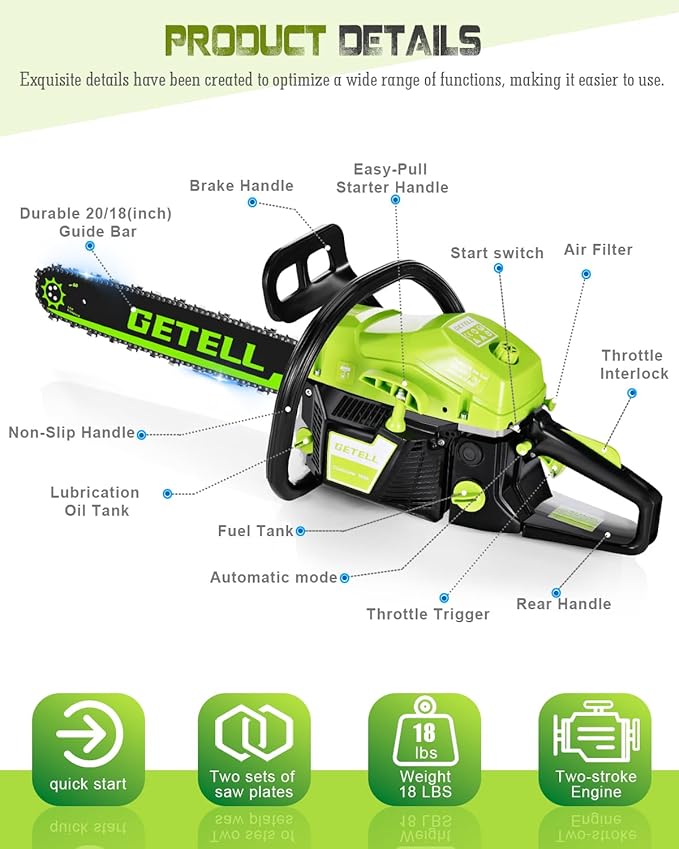 Gas Powered Chainsaw with 20 and 18 Inch Bar Dual System, 58cc 3.6 HP Professional 2-Stroke Engine, Easy Start and Anti-Vibration for Farm Ranch or Heavy Duty Wood Cutting (Green Black)