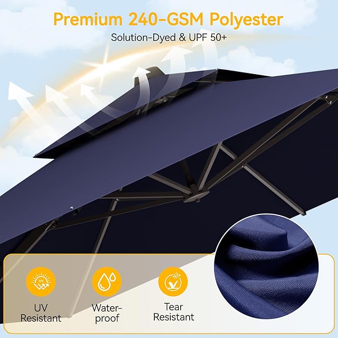 10x10 FT Patio Cantilever Umbrella (Base Not Included) (Base Not Included), Rectangular Heavy Duty Offset Umbrella for 6-8 People, 360°Rotation & Mult Tilt, Double Top Design, for Pool Garden Deck (Navy)