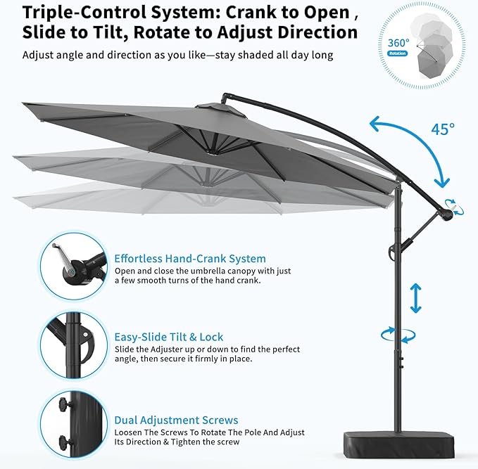 10ft Cantilever Offset Patio Umbrella with Base, Large Outdoor Patio Umbrella, 360° Rotation & Easy Tilt Adjustment, UV Protection Waterproof Patio Umbrellas for Backyard, Garden, Patio, Deck, Pool