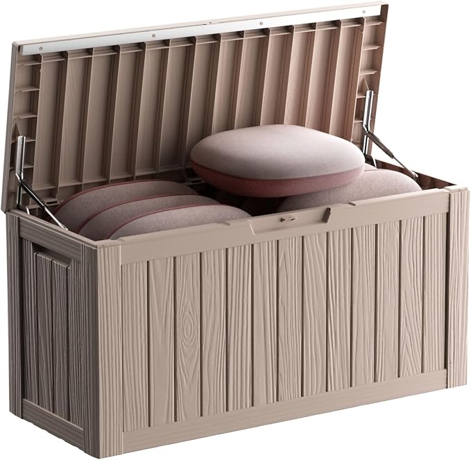 80 Gallon Waterproof Resin Deck Box, UV Resistant Outdoor Storage for Garden, Patio, Porch, Delivery, Beige