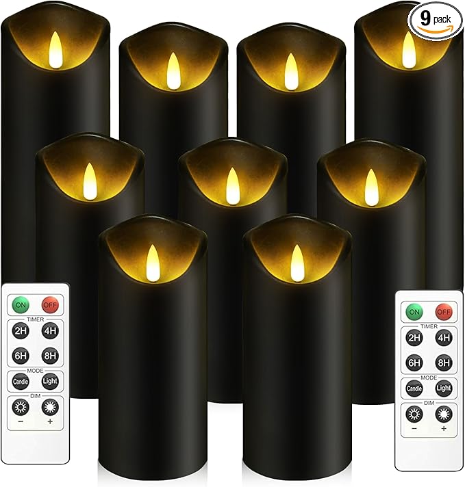 kakoya Flickering Flameless Candles, Battery Operated Plastic LED Pillar Candles with Remote Control and Timer, Set of 9 (Black)