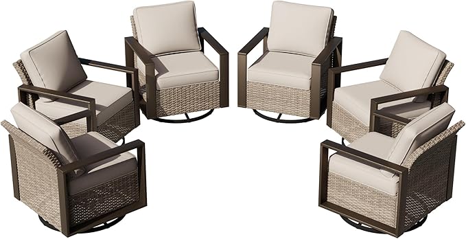 Joyside Outdoor Patio Swivel Rocker Chairs Set, 6 Pieces Wicker Rattan Chairs with Metal Wide Armrest, Thick Cushions and Deep Seating for Garden, Backyard, Porch, Deck