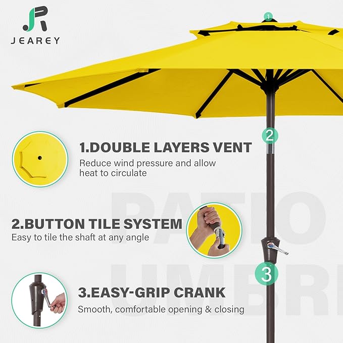JEAREY 9' 2-Tiers Patio Umbrellas Outdoor Table Market Umbrella w/Push Button Tilt/Crank, 8 Sturdy Ribs, UV Protection Waterproof Sunproof(Yellow)