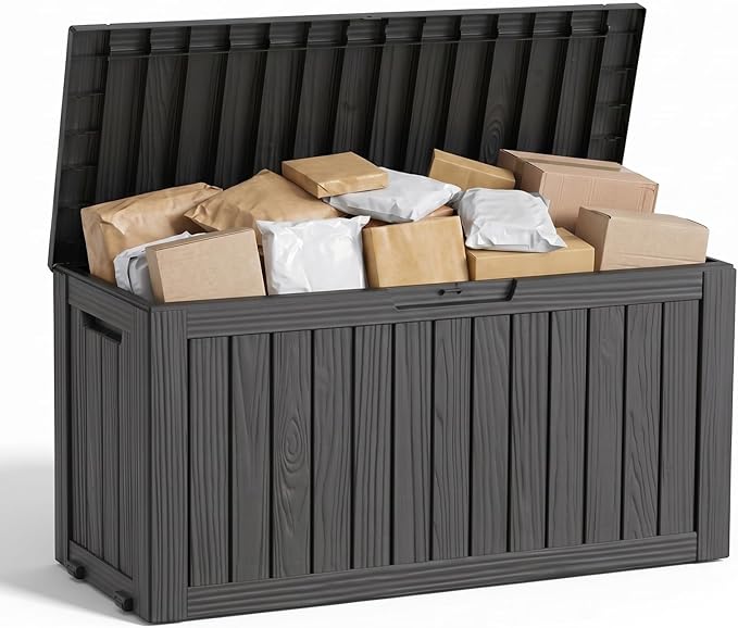 Vixzen 85 Gallon Package Delivery Boxes for Outside Secure Large Parcel Drop Storage Deck Box Outdoor Waterproof UV Resistant Resin Lockable MailBox for Porch Patio(Black)