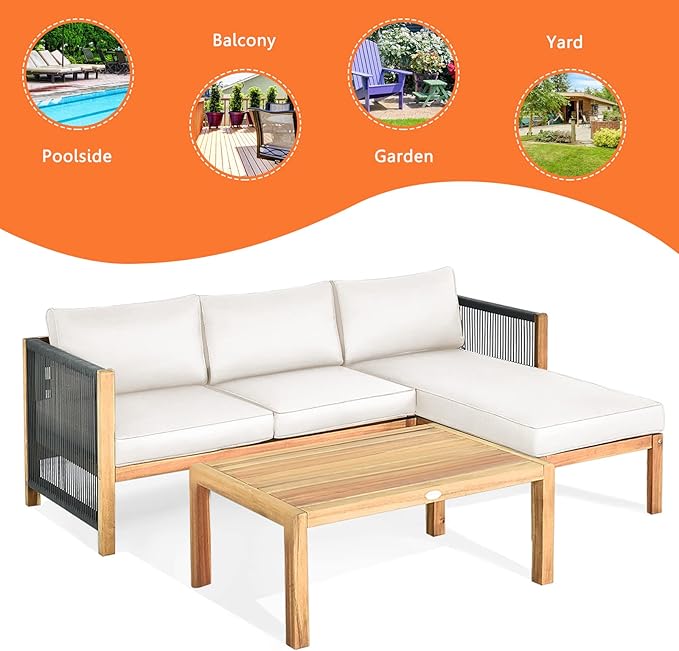 Tangkula L Shape Outdoor Furniture Set, 3 Piece Acacia Wood Patio Conversation Set, with 2 loveseats and Coffee Table, Garden Backyard Poolside Patio Seating Set (White)