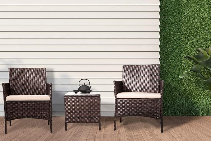 Tuoze Tozey 3 Pieces Patio Furniture PE Rattan Outdoor Conversation Set with Table Backyard Porch Garden Poolside Balcony (Brown),VC700A