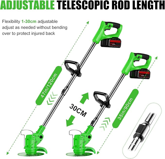 Electric Weed Wacker 21V Brush Cutters Battery Powered 3 in 1 Lightweight Weed Wacker Eater with Blade Adjustable Pole Cordless Grass Trimmer with 2 * 2.0Ah Batteries and Charger for Garden Yard Green