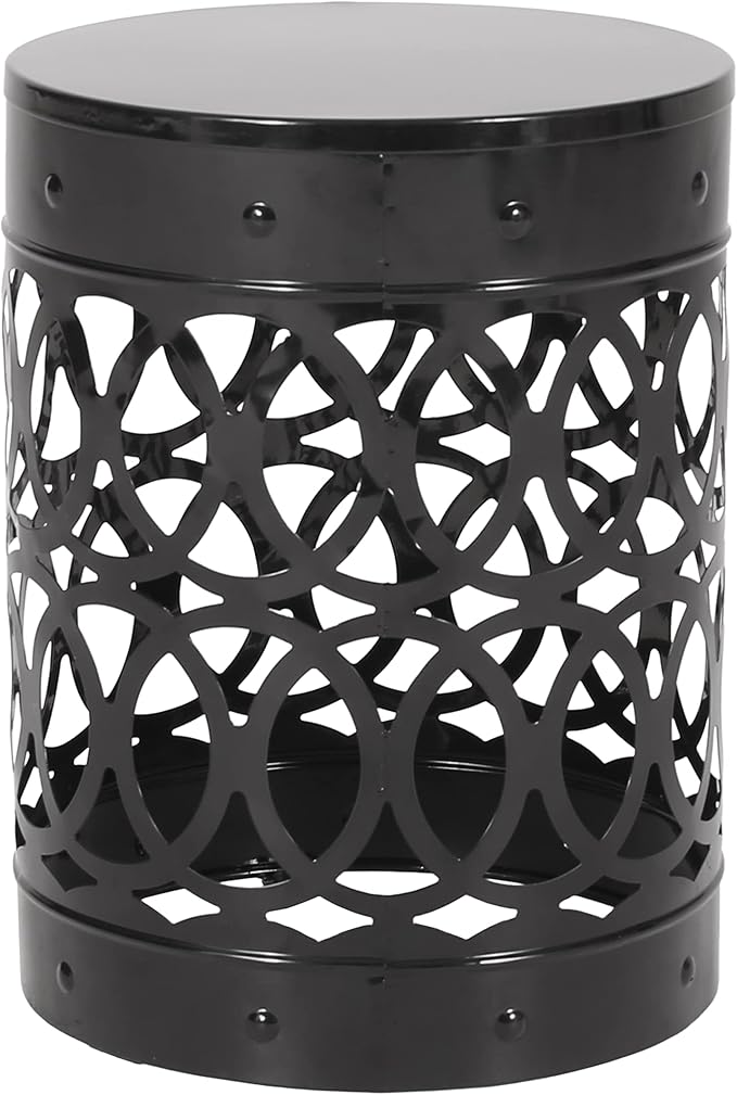 Outdoor Metal End Table Large, White Iron Side Table with Geometric Cut Design, Round Patio Accent Table No Assembly Required, Weather Resistant for Garden Balcony Porch (Black)