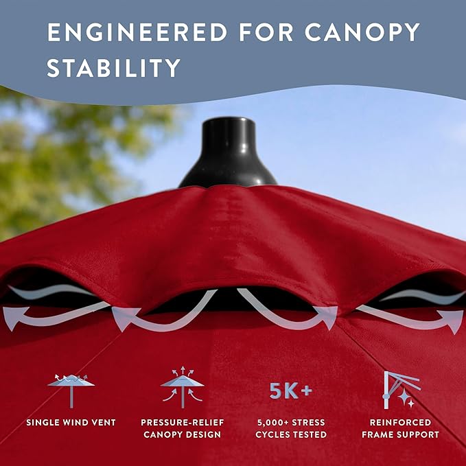 California Umbrella 8-Year Protection 9 Ft Outdoor Patio Umbrella, Solstice Fade-Resistant Fabric, Auto-Tilt, Heavy Duty Aluminum Frame, 8 Reinforced Ribs for Pool or Deck, Black Pole, Red