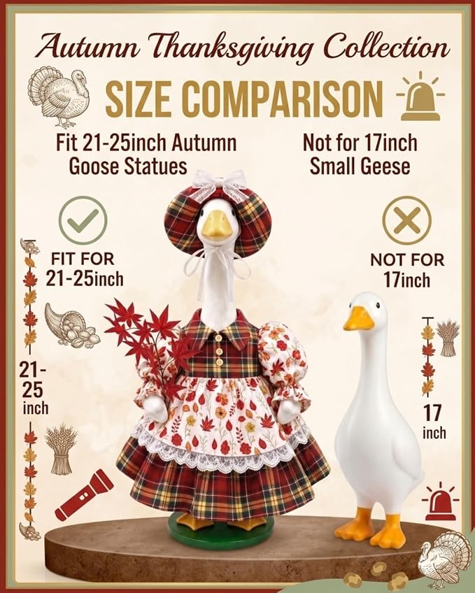 Fall Porch Goose Outfits, 23 Inch Geese Dress with Hat & Maple Leaf | Porch goose thanksgiving outfits for cement goose. Autumn yard decor clothes, thoughtful gift for mom grandma.