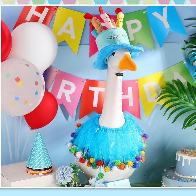 Aliceset Happy Birthday Porch Goose Outfit Lawn Goose Clothes Hat and Tutu Collar Goose Outfits for 23" Cement/Plastic Porch Goose Outdoor Statue Patio Yard Lawn Art(Blue)