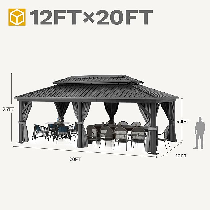 DWVO 12x20ft Hardtop Gazebo Double Roof with Nettings and Curtains, Heavy Duty Galvanized Steel Outdoor Vertical Stripes Roof for Patio, Backyard, Deck, Lawns, Gray