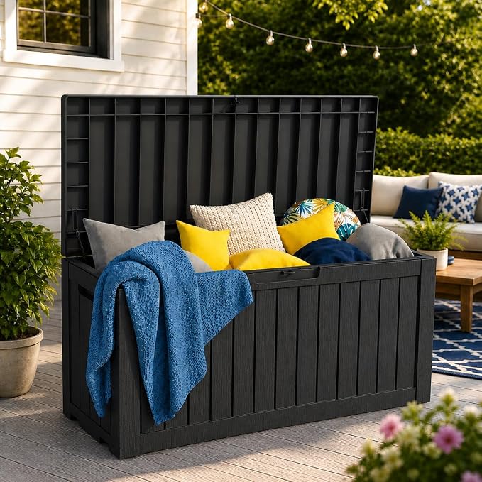 LAUSAINT HOME 230 Gallon XXL Outdoor Deck Box, Waterproof Resin Storage Box Bench with Lock, Large Patio Cushion Storage, Garden Tool Organizer, Pool Storage Container, 3-Person Seat, Black