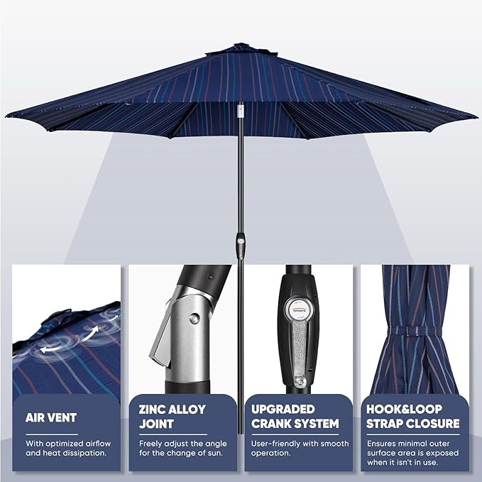 Tempera Patio Market Outdoor Table Umbrella with Auto Tilt and Crank, Large Sun Umbrella with Sturdy Pole & Fade Resistant Canopy, Easy to Set