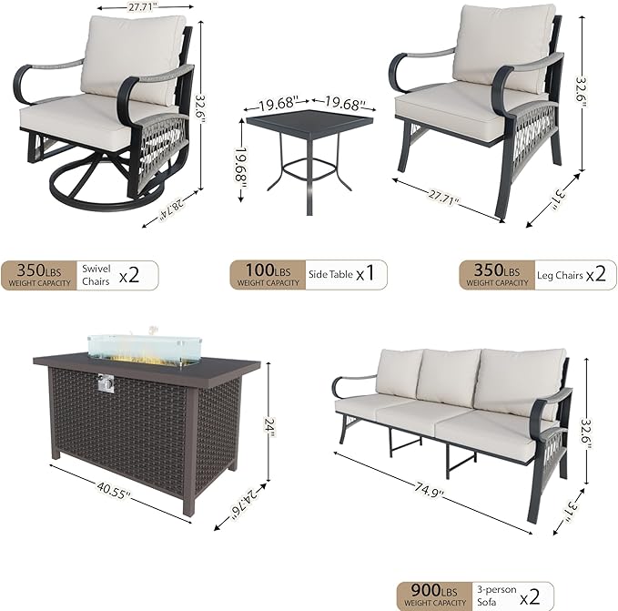 8 Pieces Patio Furniture Set, Metal Outdoor Conversation Sets with Fire Pit Table and Swivel Chairs for Backyard Garden Deck Porch Poolside (Thick Beige Cushions)