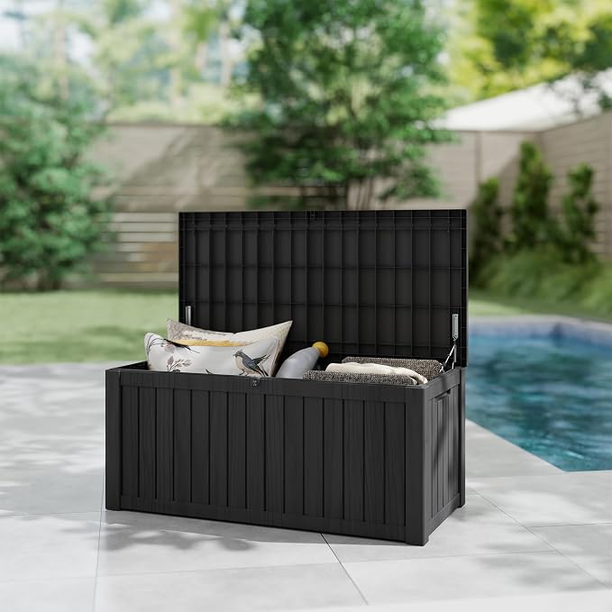 150 Gallon Deck Boxes Outdoor Waterproof, Outdoor Storage Box with Lockable Lid & UV-Resistant for Patio Furniture, Outdoor Cushions, Garden Tools and Pool Supplies, Black