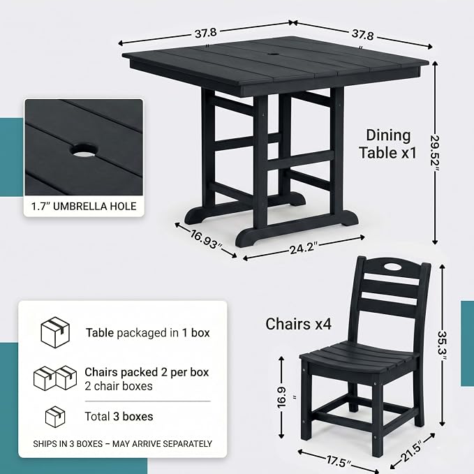 WILLIAMSPACE 37.8" Outdoor Patio Dining Set with 4 Armless Chairs, All Weather HDPE Square Dining Table with Umbrella Hole, Patio 5-Piece Bistro Set for Backyard, Balcony, Lawn, Kitchen (Black)