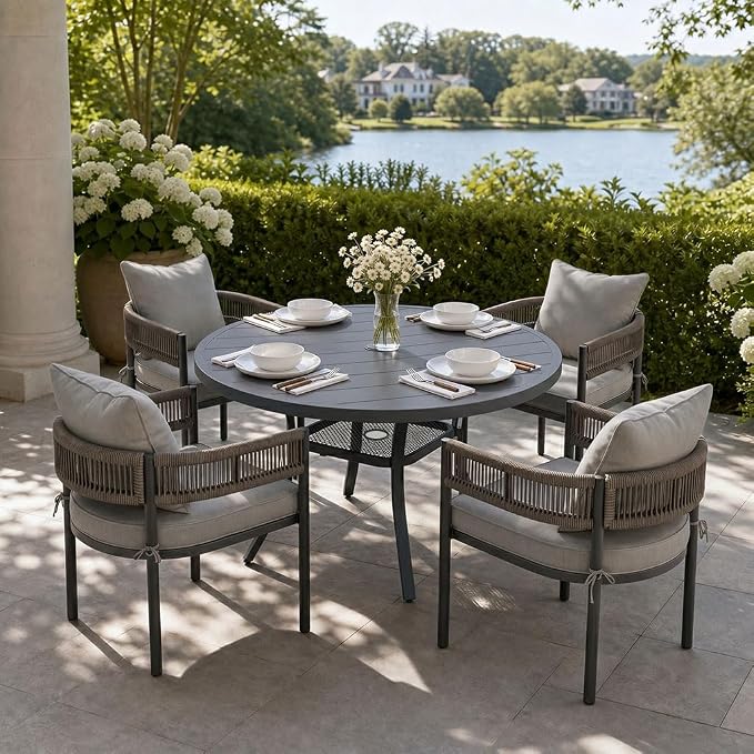 VICLLAX Patio Dining Set, 40.6" Dark Grey Table & 4 Chairs with Grey Cushion