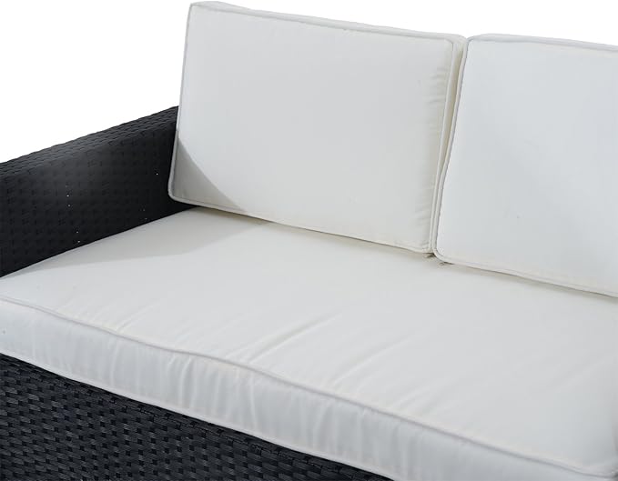 Outsunny 4 Piece Wicker Patio Furniture Set with Cushions, Outdoor Sectional Furniture with 2 Sofa, Loveseat, and Glass Top Coffee Table, Conversation Sofa Sets for Garden, Cream White