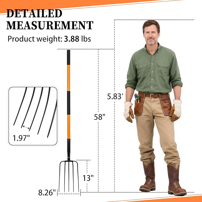 Nohovu 5 Tine Pitchfork for Gardening, Heavy Duty Pitchfork with Fiberglass Handle, Garden Fork for Mulching, 58 Inches