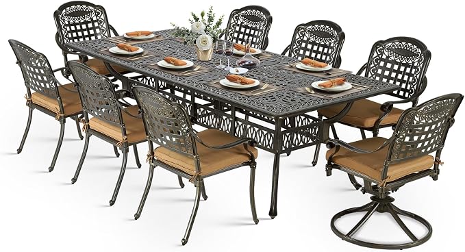VIVIJASON 9-Piece Outdoor Dining Set, Cast Aluminum Patio Table & Chair Furniture Set for 8, Include 94.5" Rectangular Table, 2 Swivel Rocker Chairs, 6 Stationary Chairs, Umbrella Hole, Khaki Cushion