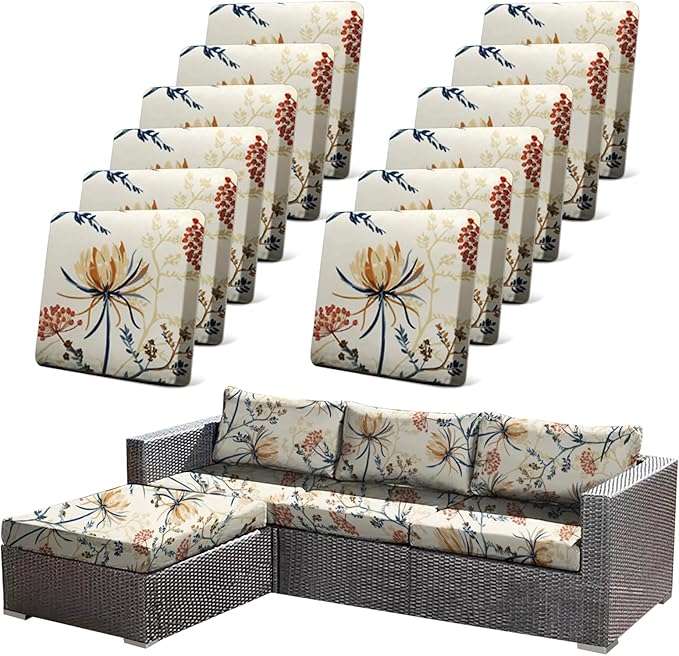 CALBODE 12PACK Outdoor Sofa Seat Cushion Covers, Floral Printed Stretch Polyester Elastic Detachable Half-Pack Sofa Cover, for Patio Terrace Garden Sofa Seat Cushion Cover