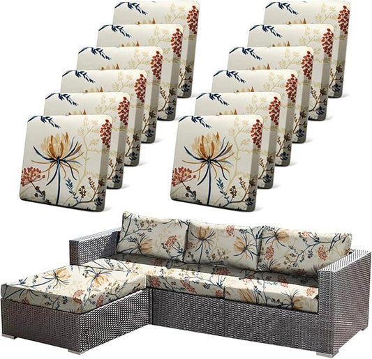 CALBODE 12PACK Outdoor Sofa Seat Cushion Covers, Floral Printed Stretch Polyester Elastic Detachable Half-Pack Sofa Cover, for Patio Terrace Garden Sofa Seat Cushion Cover