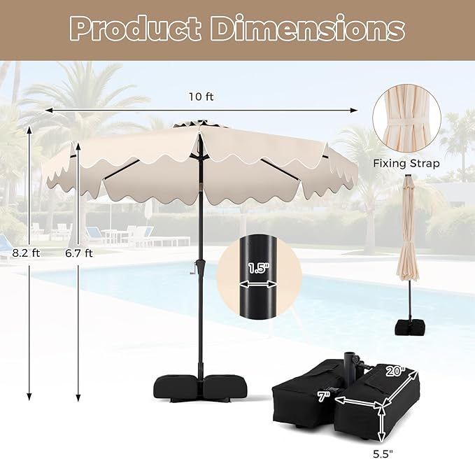 Tangkula 10 FT Solar Patio Umbrella with Base Included, 2-Tiers Outdoor Scalloped Table Umbrella with 32 LED Lights, 2 Sandbags, Tilt Adjustment, Crank, 8 Ribs for Market Backyard Pool Deck Beach Lawn (Beige, 10 FT)